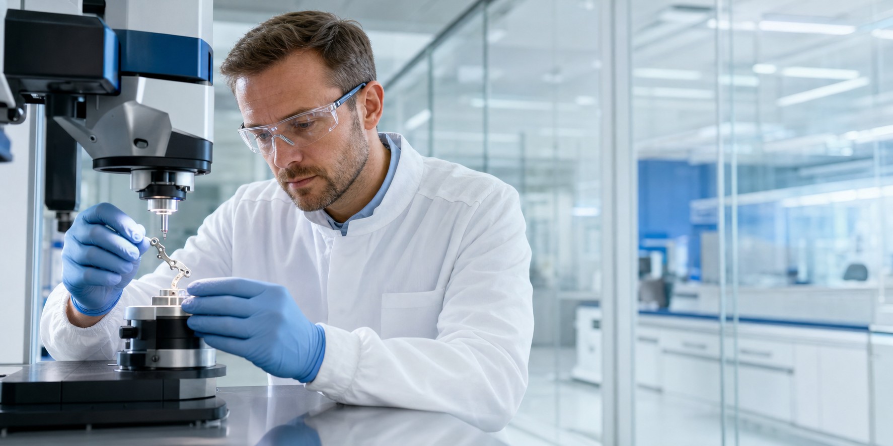 German medical-device engineer inspecting a titanium fixation plate
